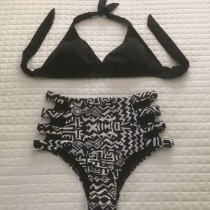 Black and white aztec high-waisted bikini